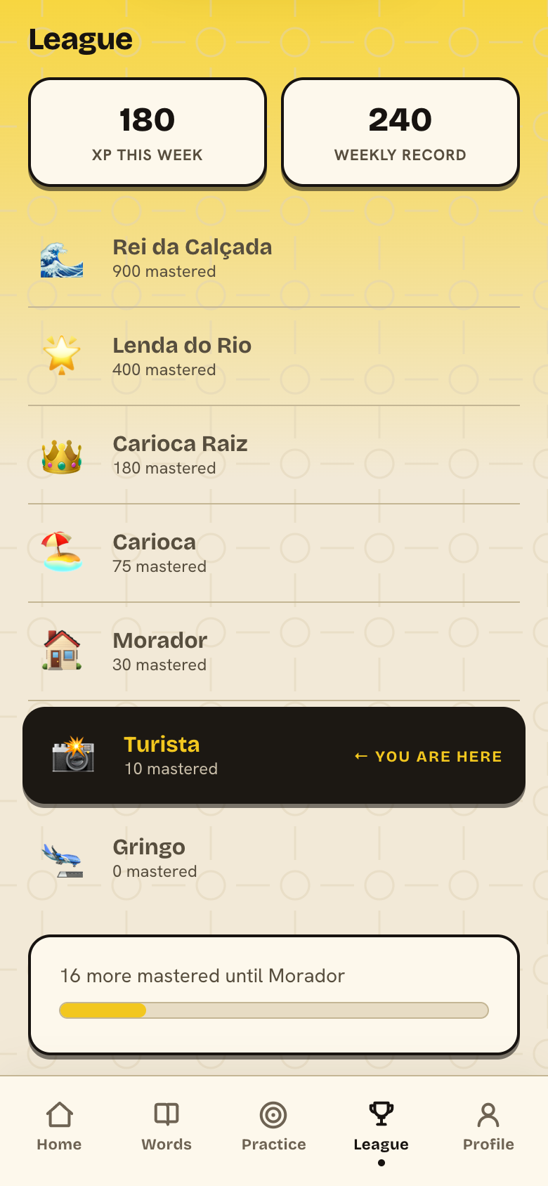 App screenshot: league ladder from Gringo to Rei da Calçada