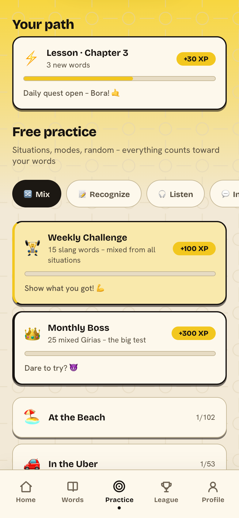 App screenshot: practice screen with your learning path and free practice by situation